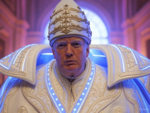AI-generated image of Donald Trump dressed as the Pope, wearing white robes, gold accents, and a crucifix, sitting regally with a raised finger.Image