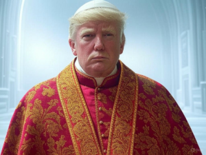 AI-generated image of former President Donald Trump depicted as the Pope, wearing white robes, a mitre, and holding a golden crucifix, shared amid Vatican conclave controversy.Image