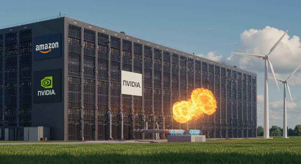 Alt text for hypothetical image: "Diagram illustrating AI energy demand from Amazon data centers and Nvidia AI, powered by fossil fuels like natural gas, amid tech energy challenges and climate goals."