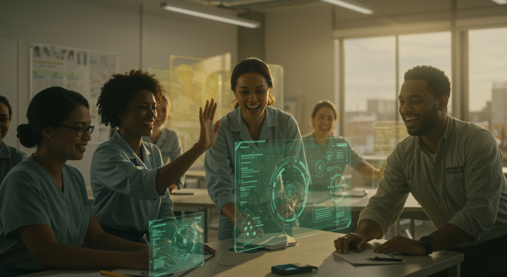 Illustration of North Dakota state workers undergoing AI skills training with Microsoft, focusing on generative AI and public sector upskilling.