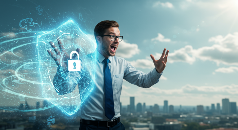AI escalating cybersecurity risks illustration, featuring AI-powered attacks on digital networks