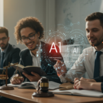 A conceptual illustration of AI integration in law school, showing a student using generative AI tools for legal research and admissions essays amidst ethical guidelines and futuristic legal symbols.