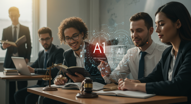 A conceptual illustration of AI integration in law school, showing a student using generative AI tools for legal research and admissions essays amidst ethical guidelines and futuristic legal symbols.