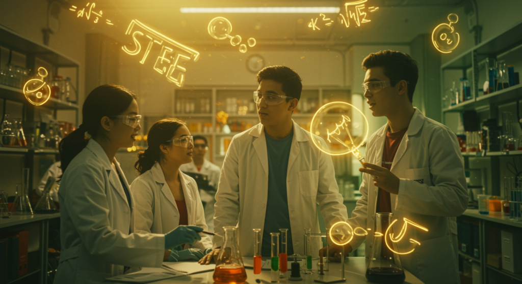 A descriptive alt text for the page's content, based on the context: "Scientists and students participating in key science events of April 2025, including the National Science Bowl finals, STEM conferences, science policy discussions, nanotechnology innovations, quantum science advancements, educational webinars, citizen science opportunities, and AI developments."