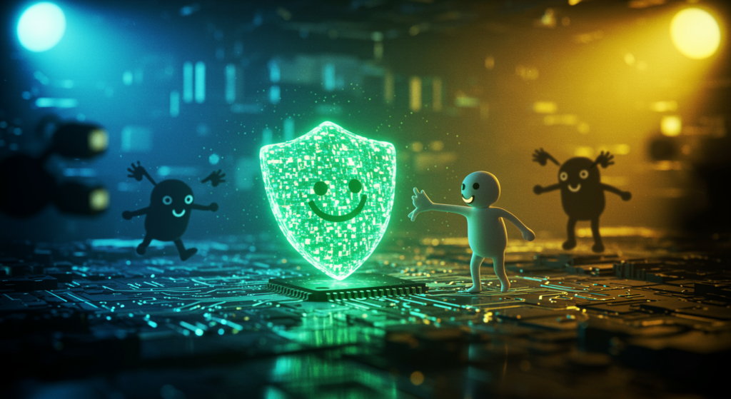 An illustration of NVIDIA AI security solutions protecting against software threats, featuring confidential computing, real-time threat detection with DOCA Argus, and secure AI platforms.