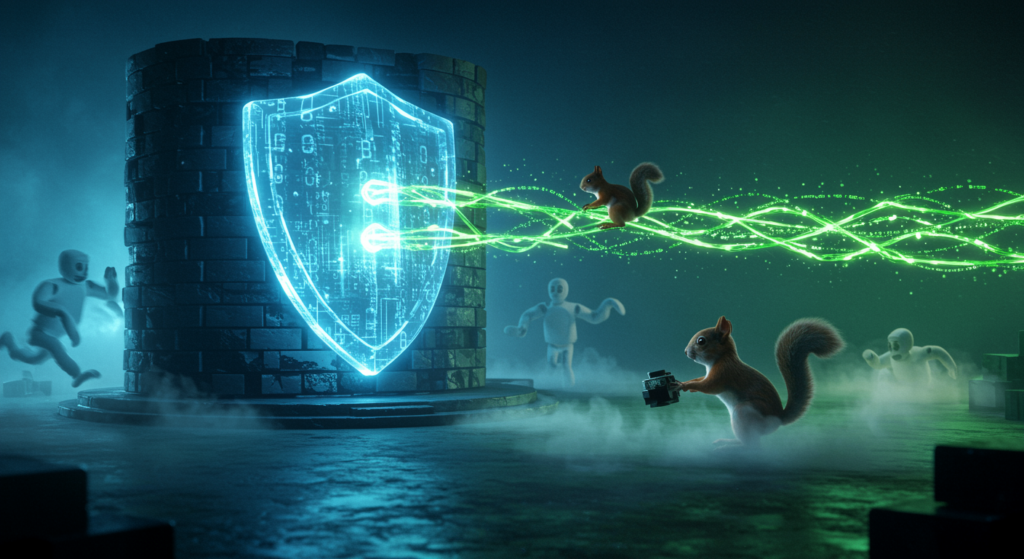 AI Cybersecurity Solutions Illustration: AI systems detecting cyber threats, automating responses, and enhancing digital protection with machine learning.