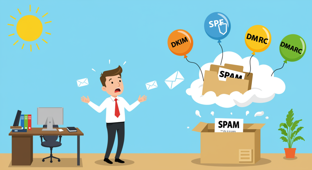 An illustration of emails being filtered into Gmail's spam folder due to missing authentication protocols like SPF, DKIM, and DMARC, highlighting the importance of email deliverability for business communication.