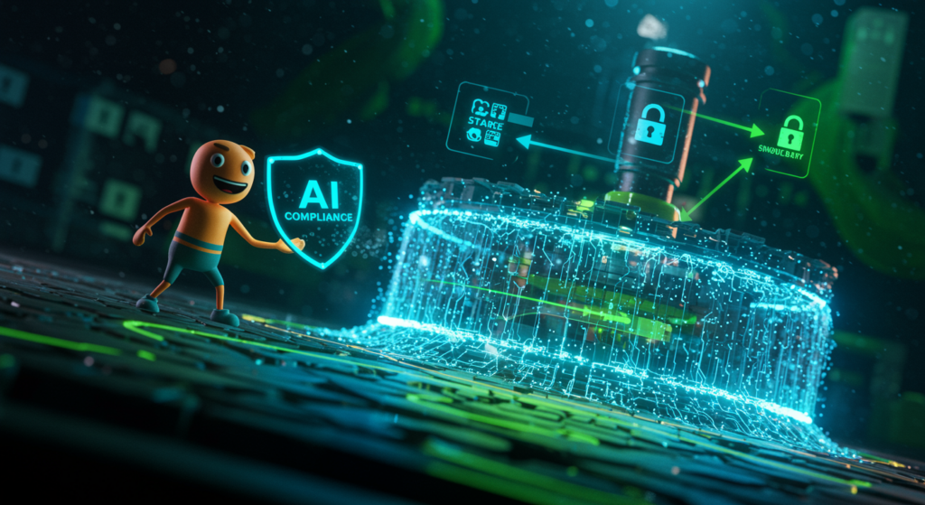 Illustration of key AI cybersecurity compliance frameworks including NIST AI RMF, ISO 42001, and FAICP for risk management, governance, and data privacy.