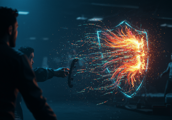 An illustration of AI language models analyzing code to combat cyber threats in DARPA's AI Cyber Challenge.