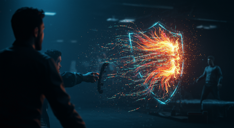 An illustration of AI language models analyzing code to combat cyber threats in DARPA's AI Cyber Challenge.