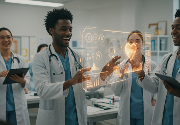 Alt text for the inferred image: "Healthcare professional exploring AI applications in medicine during a free CME webinar."