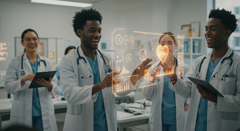 Alt text for the inferred image: "Healthcare professional exploring AI applications in medicine during a free CME webinar."