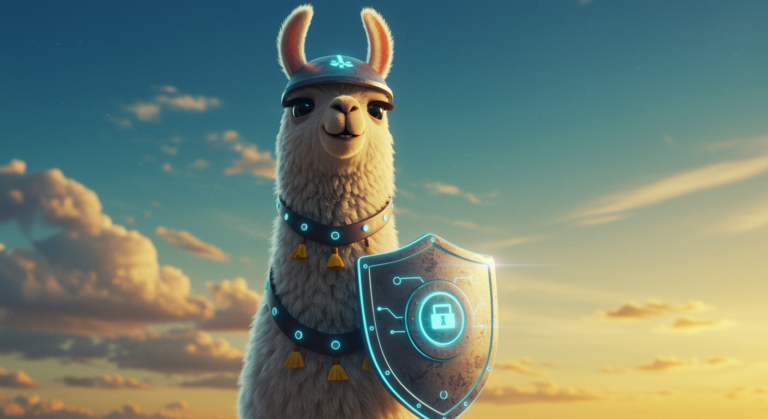 An illustration of Meta's Llama protection tools, including Llama Guard 4 and LlamaFirewall, enhancing AI security against threats like prompt injections.