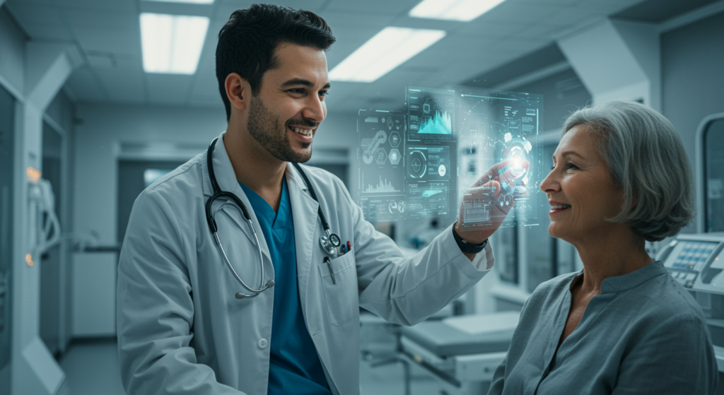 A conceptual illustration of artificial intelligence revolutionizing medicine, featuring AI-powered diagnostics, personalized treatments, and predictive analytics in healthcare.