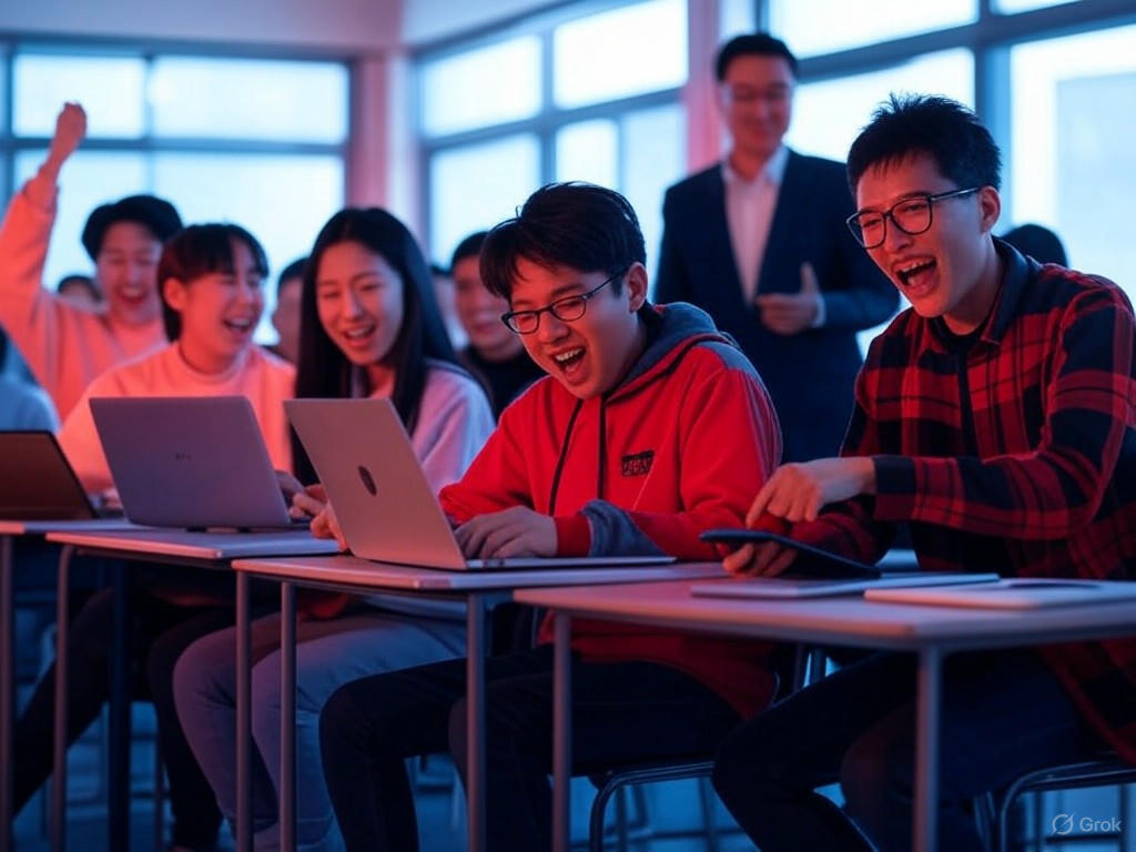 AI Education Initiative: Students in high school AI classes receiving support from CEOs through partnerships, curricula, and challenges, promoting AI literacy and equitable workforce development.Image