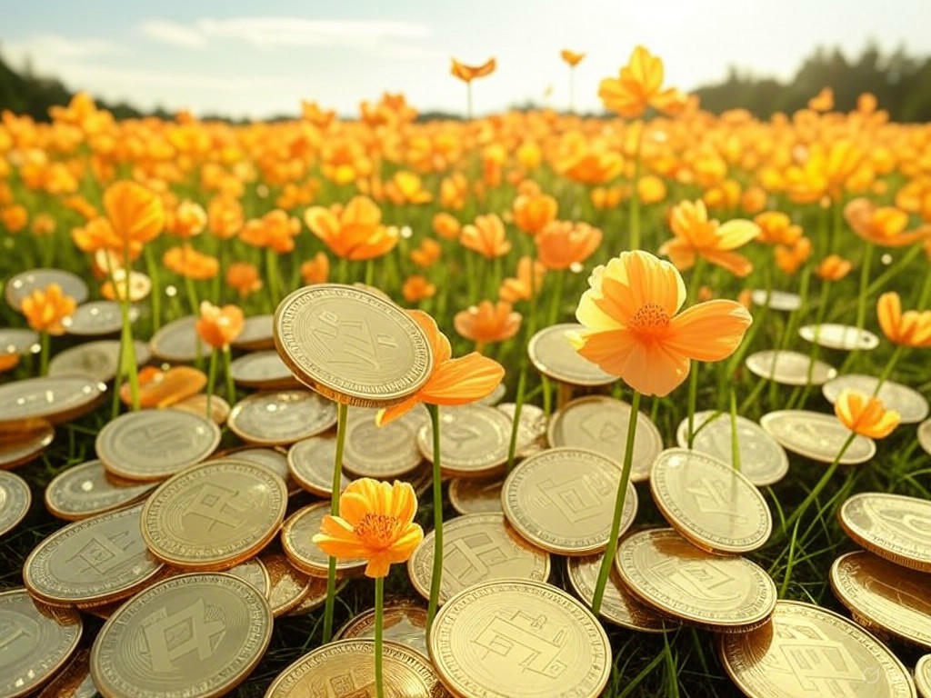 A conceptual image of green cryptocurrency coins intertwined with leaves and renewable energy symbols, representing sustainable blockchain innovations and eco-friendly investment strategies for 2025.