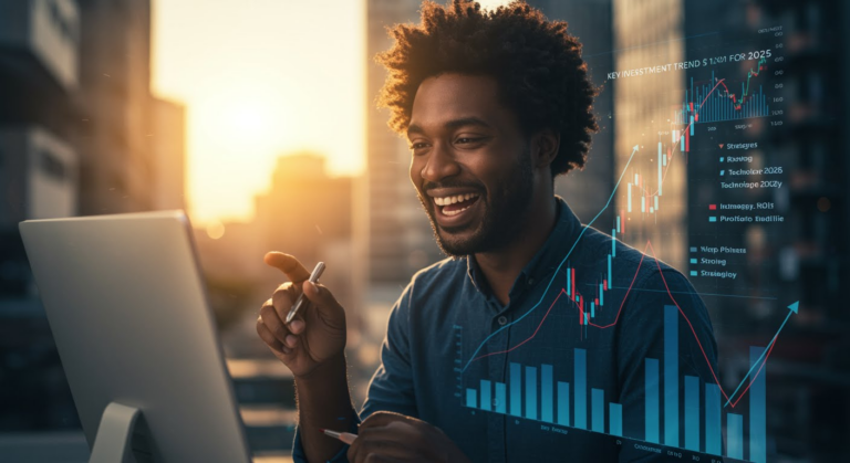A chart illustrating key investment trends for 2025, highlighting growth in AI, technology sectors, and strategies for strong ROI and portfolio stability.
