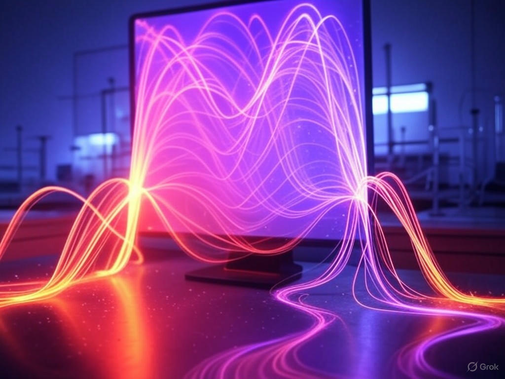 A diagram of the double-slit experiment showing quantum particles creating light interference patterns through wave-particle duality.
