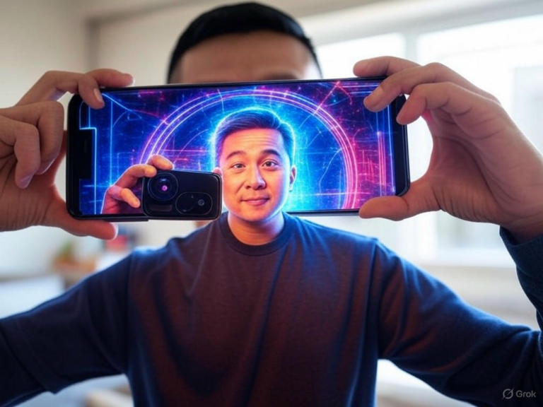 Illustration of Gemini Live AI with eyes analyzing real-time visuals on a smartphone, featuring real-time visual intelligence and camera-based features.Image