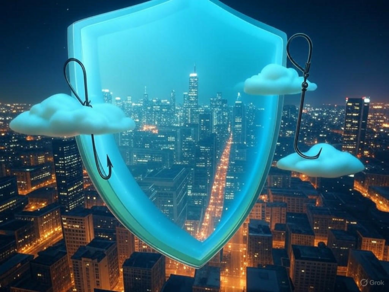 AI in Cybersecurity: An AI robot balancing a shield and sword, illustrating defensive and offensive roles in 2025 trends.