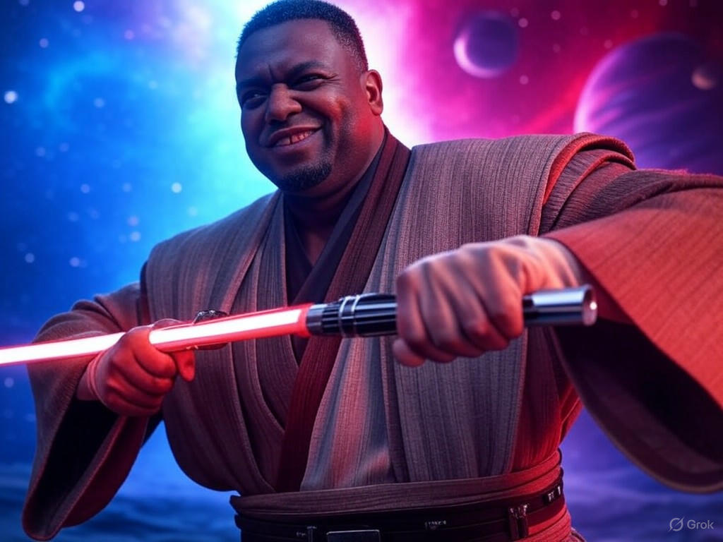 AI-generated image of President Donald Trump as a muscular Jedi holding a red lightsaber for Star Wars Day celebrations.Image