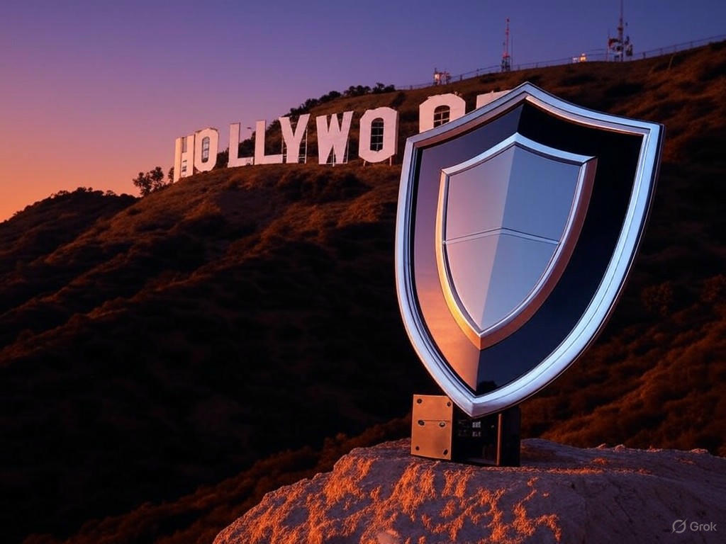"Graphic illustrating Trump's tariffs plan impacting Hollywood, showing Chinese film restrictions and declining stocks for Disney and Netflix."