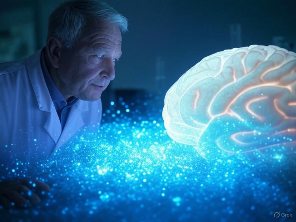 Illustration of quantum consciousness research, showing a human brain entangled with quantum computing systems and particles, representing the integration of quantum physics and neuroscience in exploring human mind and cognition.