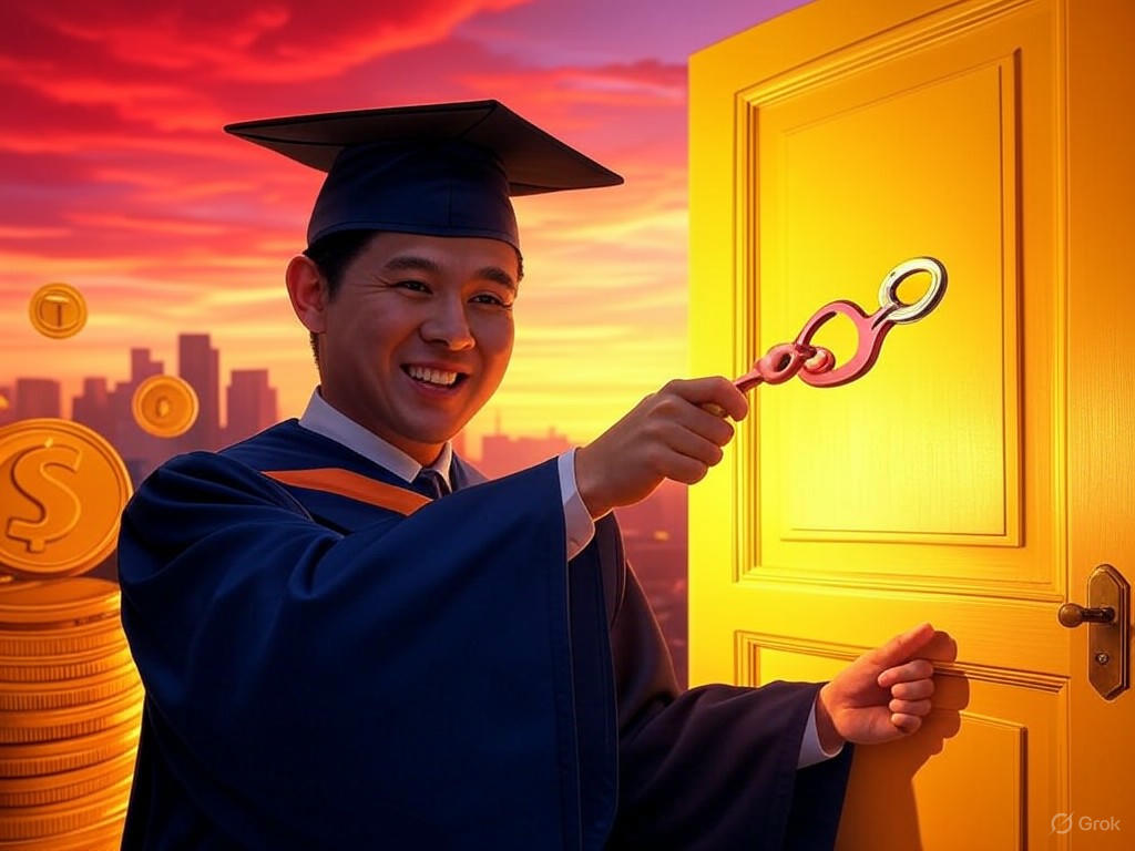 A graphic illustrating key business majors and career paths for 2025, featuring icons for finance, marketing, and management with upward salary trends.