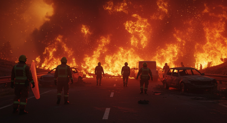 A massive wildfire engulfs the Israeli highway near Jerusalem, with drivers abandoning vehicles amid thick smoke and flames.