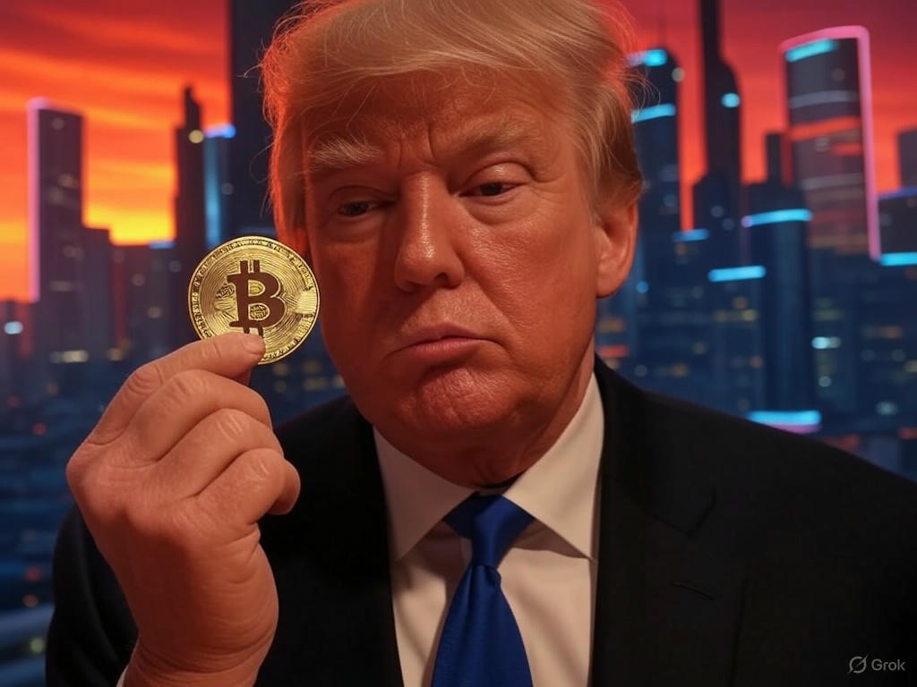 Alt text for the article's implied image: "President Trump announcing cryptocurrency policies, including the Strategic Bitcoin Reserve and U.S. digital asset regulations, amid market concerns."