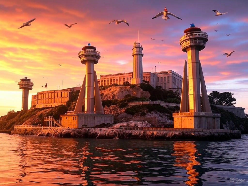 Alcatraz Prison island in San Francisco Bay, reopening under President Trump's order as a symbol of law and order.
