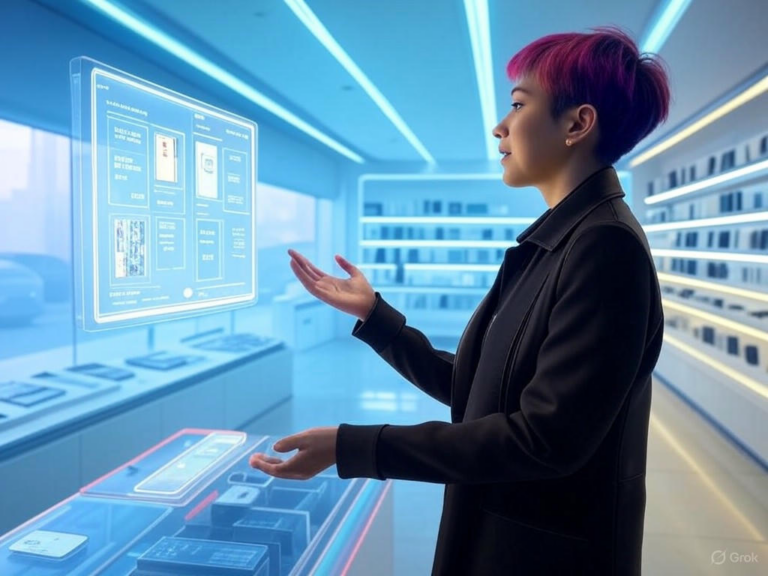 Illustration of conversational AI chatbot enhancing customer support in retail contact centers, featuring personalized interactions and data-driven insights.