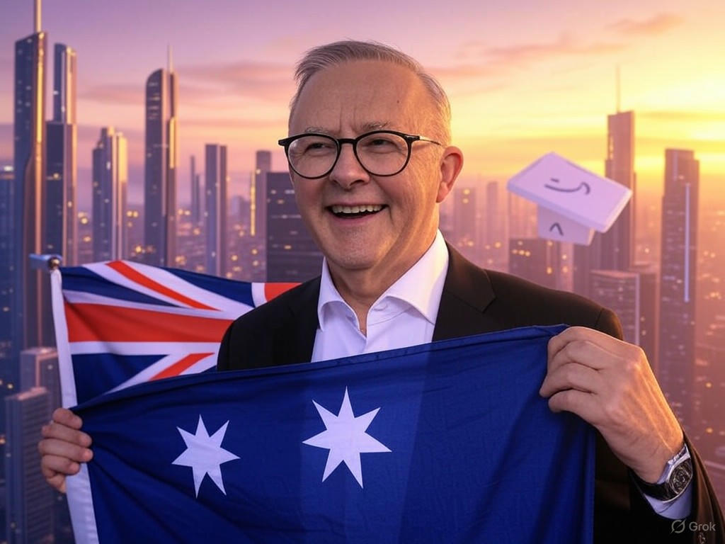 Anthony Albanese celebrating his landslide victory in the 2025 Australian Federal Election, highlighting Labor Party success, Peter Dutton's defeat, and key issues like housing affordability and cost-of-living crisis.