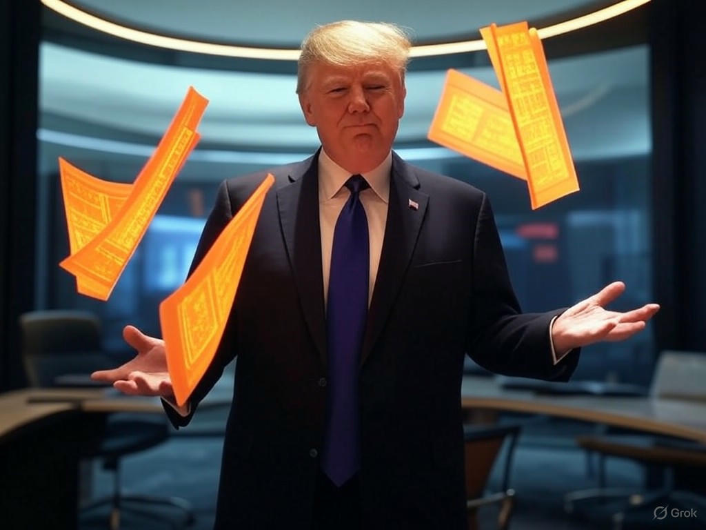 An image alt text based on the context: "Donald Trump signing executive orders during his second term, highlighting Project 2025 connections, immigration policy, and cybersecurity challenges."