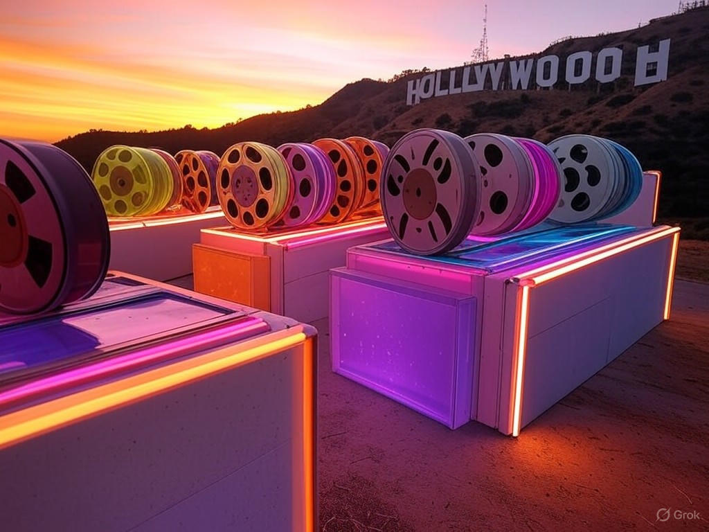 Illustration of Trump tariffs impacting Hollywood stocks, showing graph of declines in entertainment companies like Lionsgate, Netflix, and Disney due to foreign film trade policies.