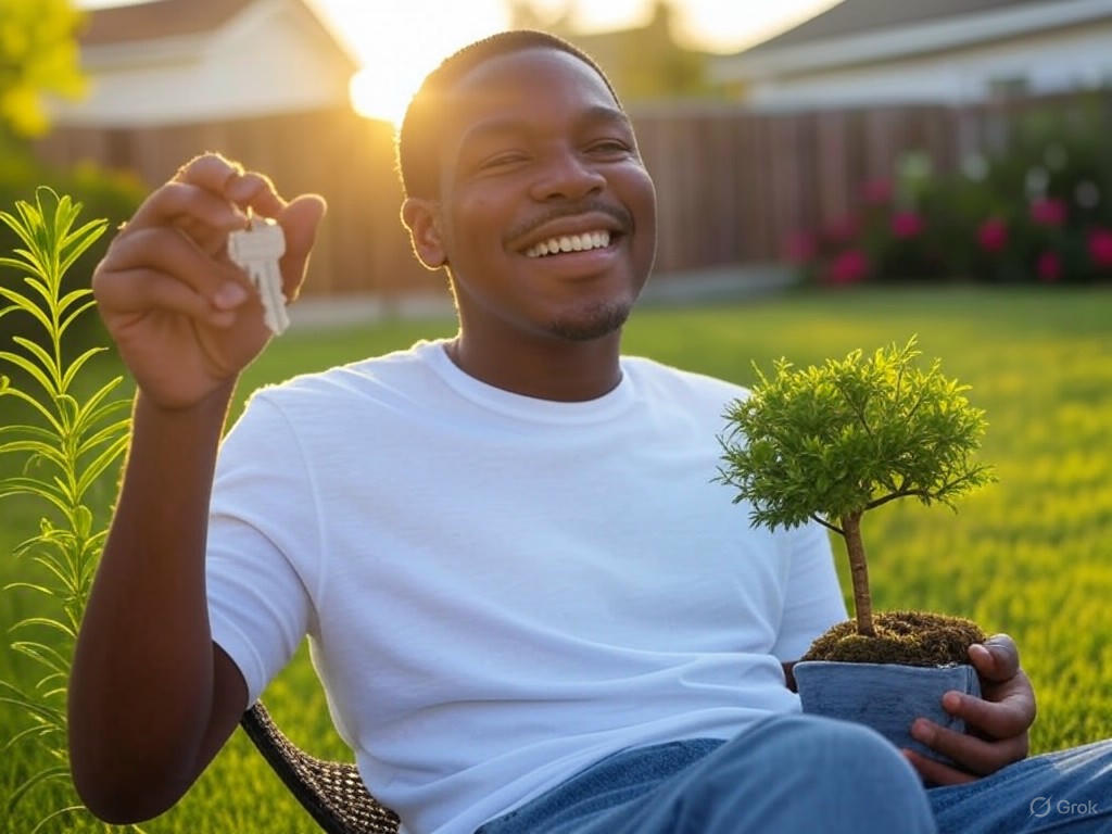 Early Retirement: Person achieving financial freedom by buying one rental property annually with 5% down payment.