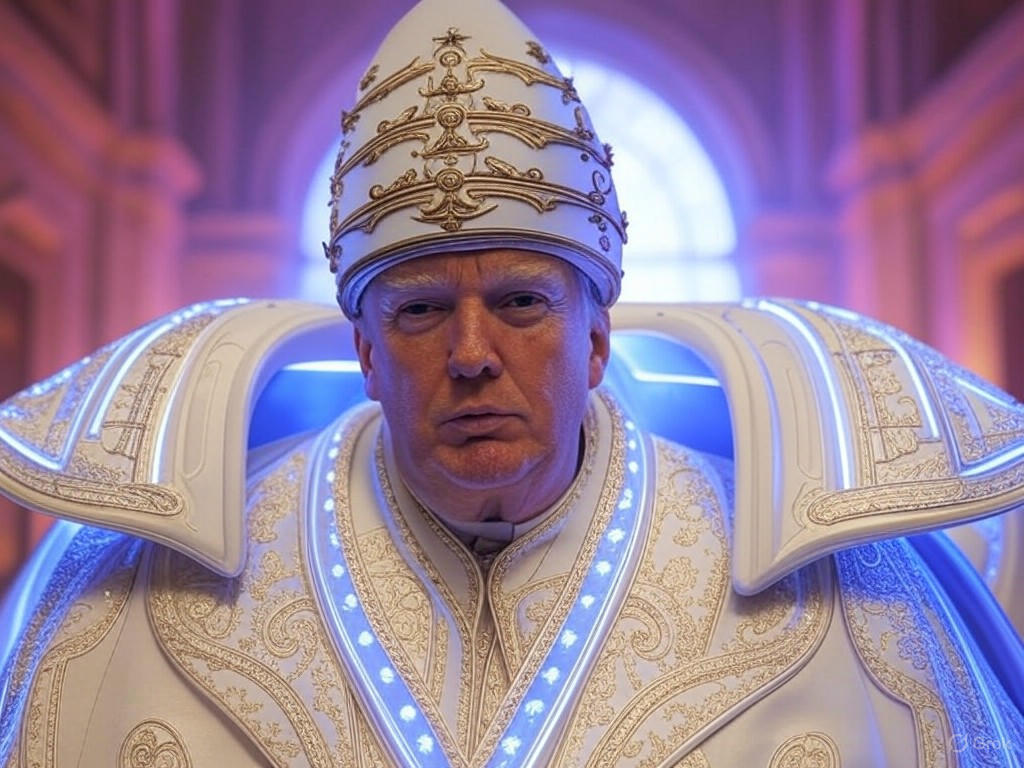 AI-generated image of Donald Trump dressed as the Pope, wearing white robes, gold accents, and a crucifix, sitting regally with a raised finger.Image