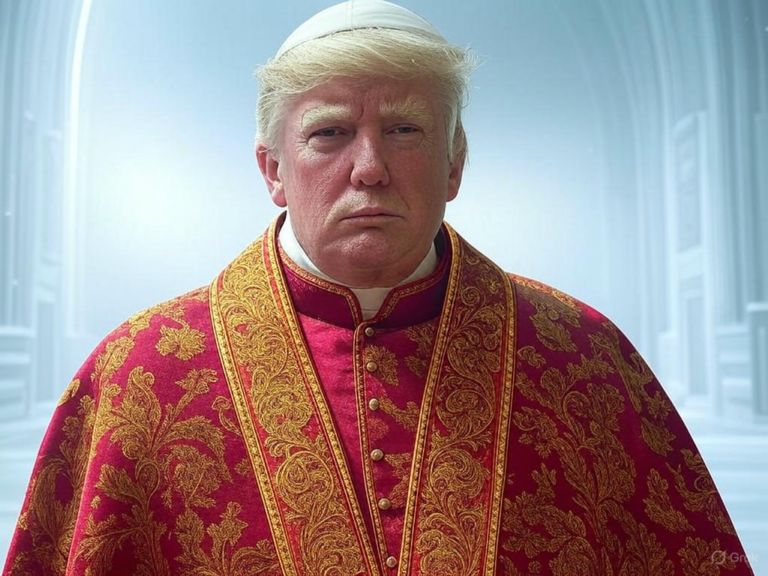 AI-generated image of former President Donald Trump depicted as the Pope, wearing white robes, a mitre, and holding a golden crucifix, shared amid Vatican conclave controversy.Image