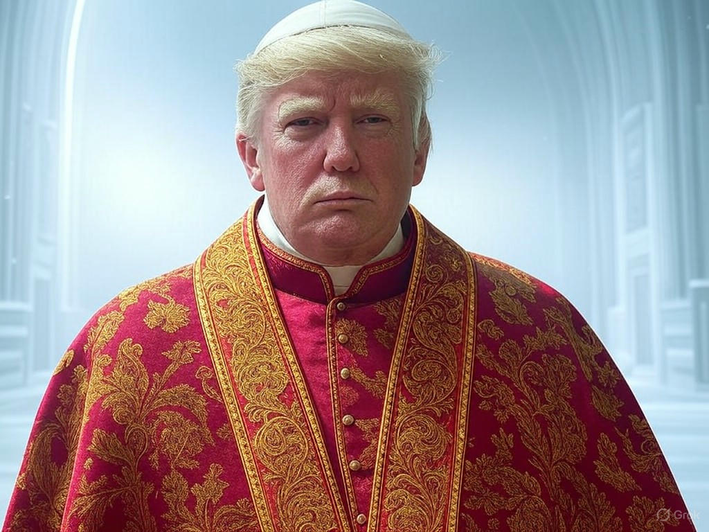 AI-generated image of former President Donald Trump depicted as the Pope, wearing white robes, a mitre, and holding a golden crucifix, shared amid Vatican conclave controversy.Image