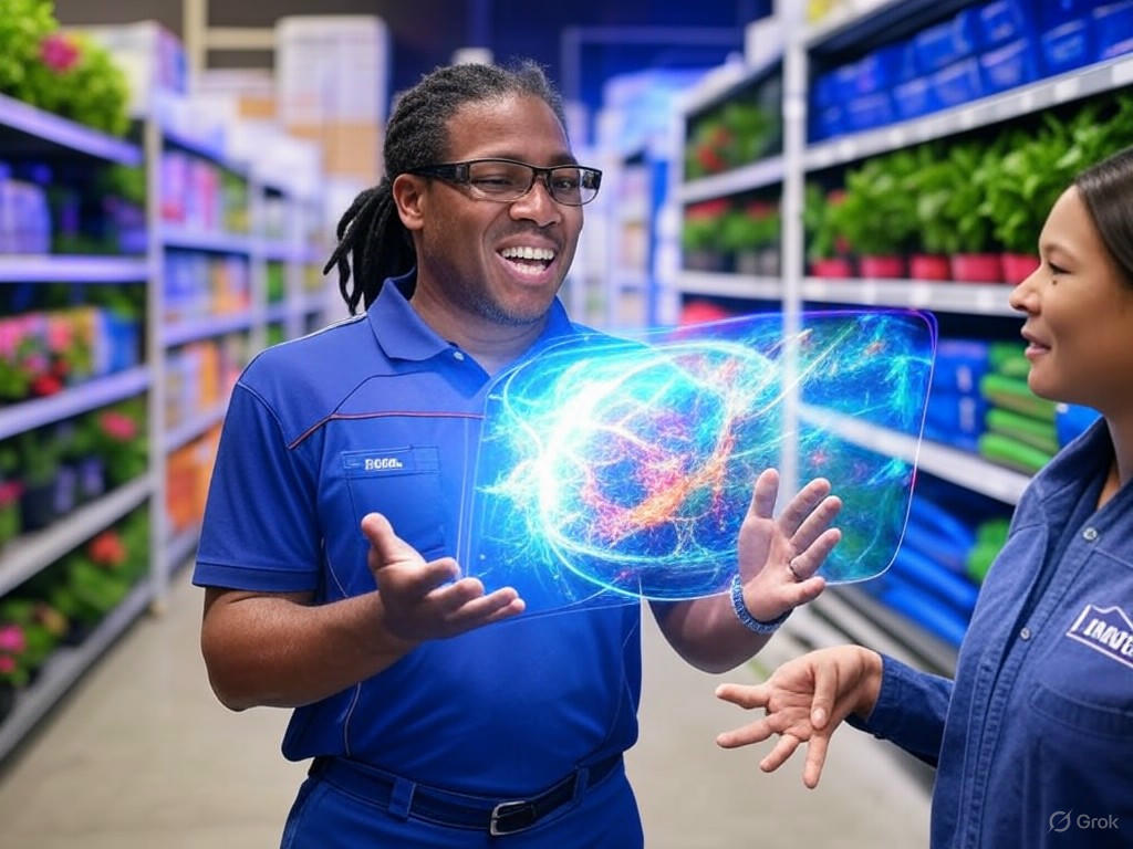 A screenshot of Lowe's Mylow Companion AI tool in use by a store associate, providing real-time product advice and enhancing customer service.