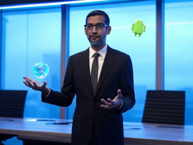 Google CEO Sundar Pichai testifying on antitrust concerns, with illustrations of DOJ proposals impacting search, Chrome, Android, privacy, and innovation.Image