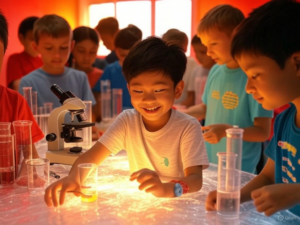 A group of excited children participating in hands-on STEM activities, robotics demonstrations, and experiments at the Las Vegas Science Festival Expo.