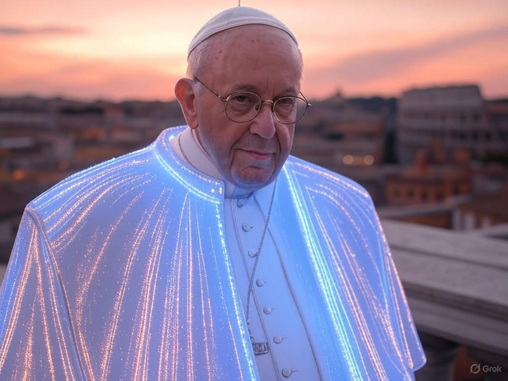 An AI-generated image depicting President Donald Trump in papal robes, seated as a figure of authority, sparking controversy during the cardinals' gathering in Rome.Image