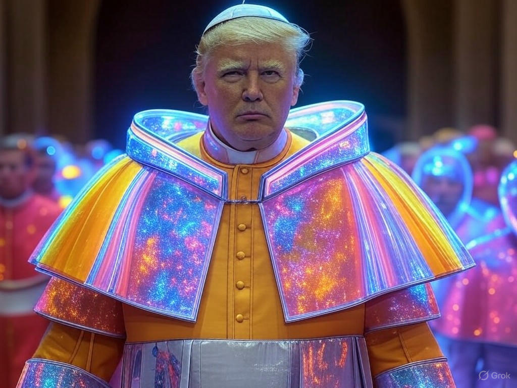 AI-generated image of Donald Trump dressed as the Pope, seated on a throne, highlighting a controversial distraction from U.S. economic issues.Image