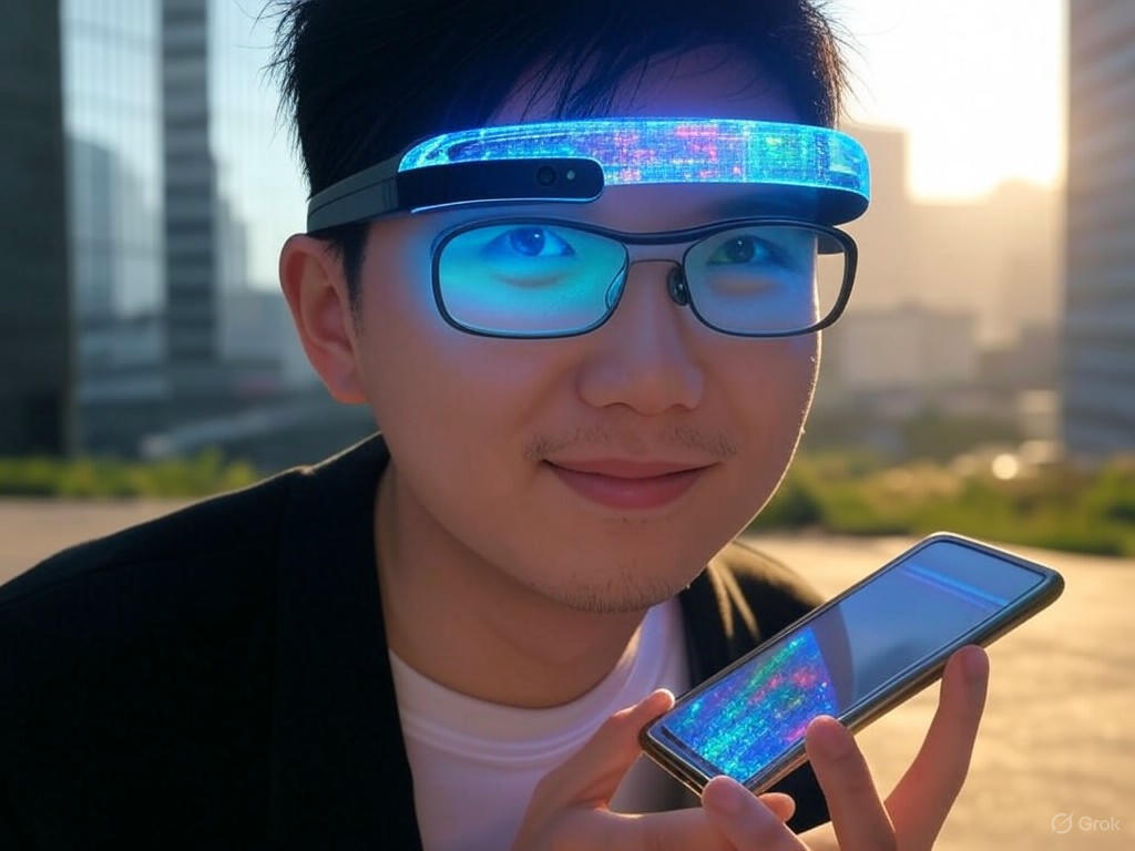 A futuristic iPhone evolving into wearables and AI devices, symbolizing potential obsolescence in the next decade.Image