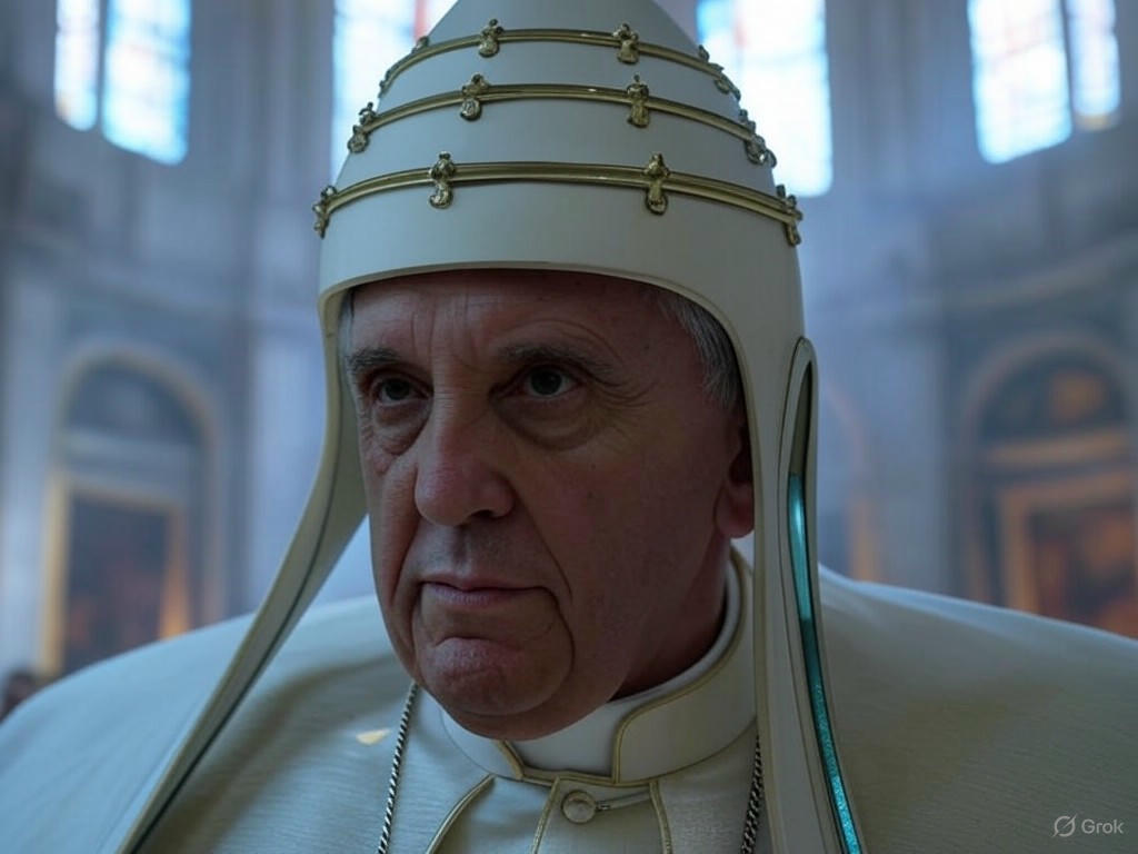 AI-generated image of Donald Trump dressed as the Pope in traditional papal attire, including a white cassock and mitre, seated on a throne, sparking controversy among Catholics.Image