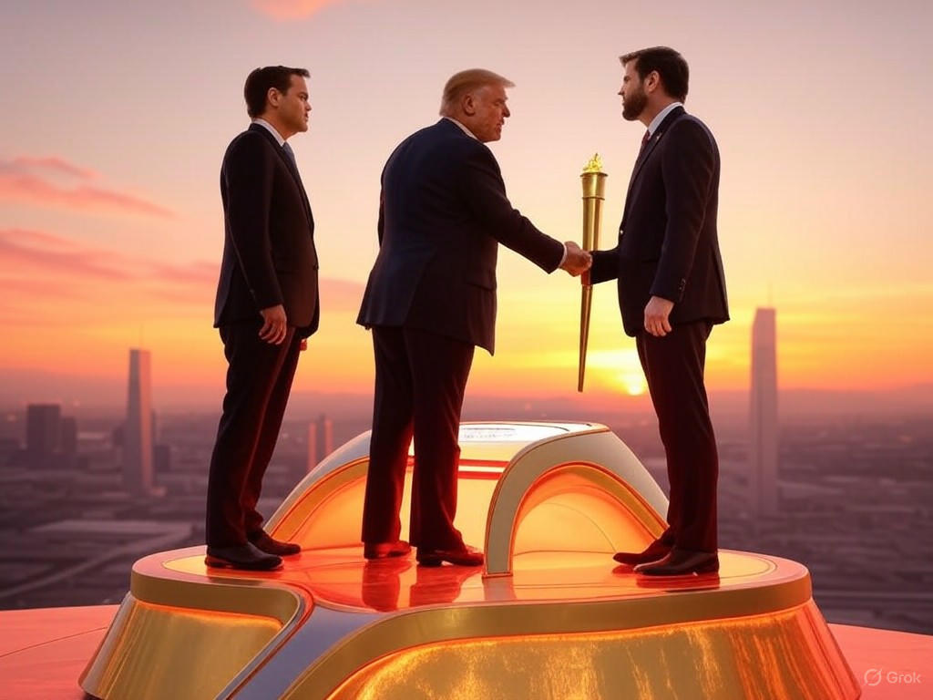 Alt text: Donald Trump endorsing JD Vance and Marco Rubio for Republican leadership in the 2028 presidential succession, amid discussions of third-term limitations and political legacy.