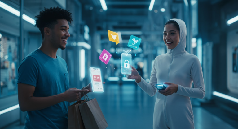 Illustration of Visa and OpenAI's AI payment innovation, featuring AI agents enabling secure, personalized shopping experiences.Image