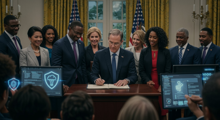 A photo of a deepfake pornography victim attending the White House signing of the Take It Down Act, symbolizing protection against nonconsensual AI-generated intimate images.