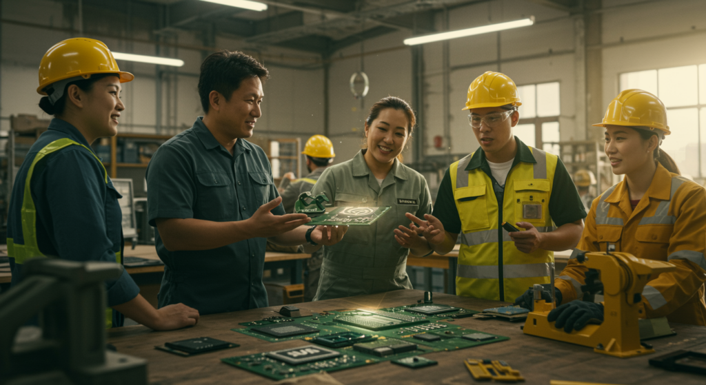 Alt text for the context: "NVIDIA CEO Jensen Huang discussing the AI arms race and the need for skilled tradespeople and engineers."